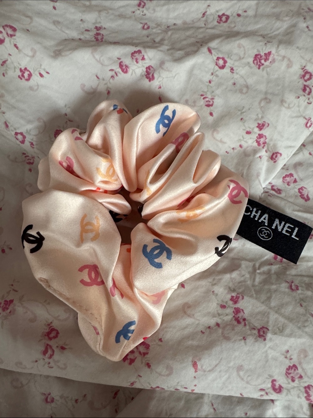 Novelty Pink Satin Scrunchie with Multicolor Logo Print